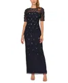 Adrianna Papell Womens Floral Embellished Evening Dress In Dusty Navy