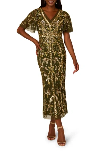 Adrianna Papell Embellished Flutter Sleeve Cocktail Dress In Olive
