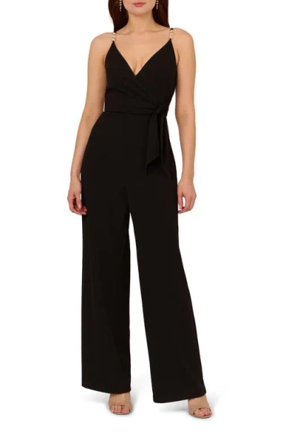 Adrianna Papell Embellished Imitation Peal Trim Crepe Faux Wrap Jumpsuit In Black