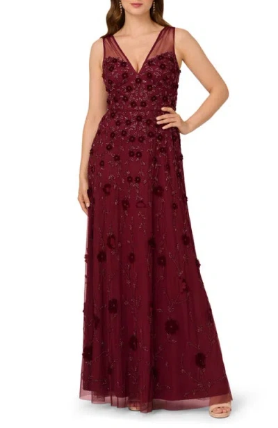 Adrianna Papell Embellished Mesh Overlay Gown In Red