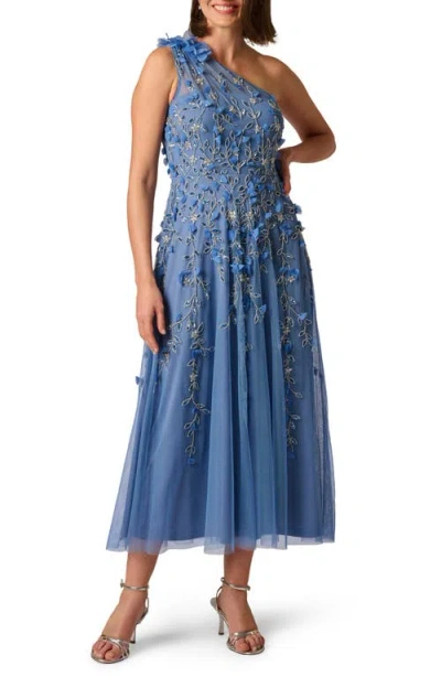 Adrianna Papell Embellished One-shoulder Cocktail Dress In Blue