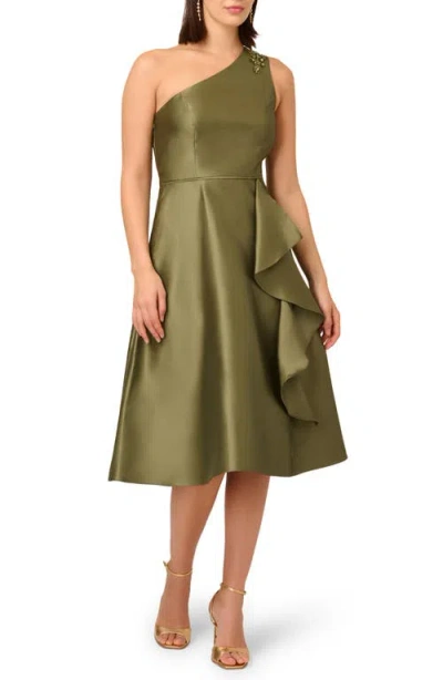Adrianna Papell Embellished One-shoulder Mikado Cocktail Dress In Green