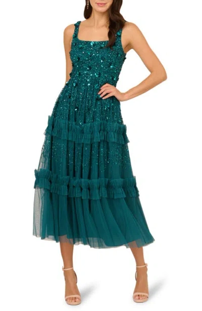 Adrianna Papell Embellished Ruffle Tiered Mesh Cocktail Dress In Green