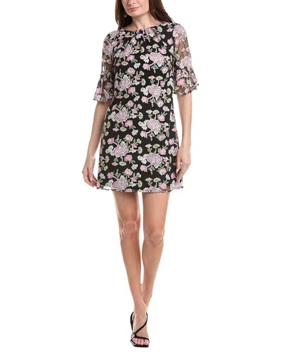 Adrianna Papell Bell Sleeve Floral Embroidered Short Dress In Black Multi