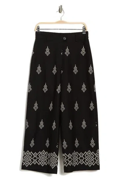 Adrianna Papell Embroidered Cotton Wide Leg Pants In Black