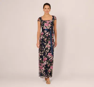 Adrianna Papell Embroidered Floral Cap Sleeve Column Gown In Navy Blush In Multi