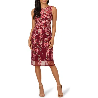 Adrianna Papell Embroidered Floral Evening Cocktail Dress In Burgundy