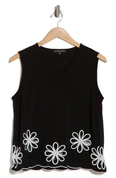 Adrianna Papell Embroidered Floral Moss Crepe Tank In Black/white