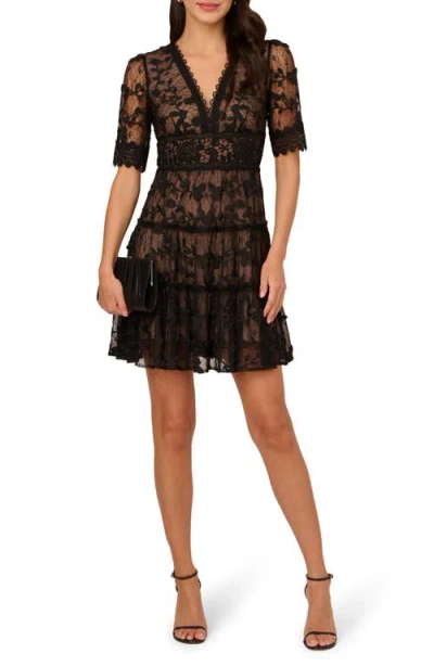 Adrianna Papell Lace Embroidered V Neck Dress With Elbow Sleeves In Black Nude In Multi