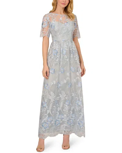Adrianna Papell Embroidered Long Gown In Gray