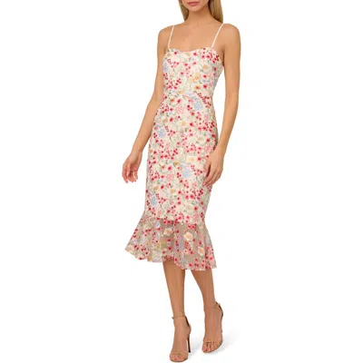 Adrianna Papell Embroidered Mesh Midi Dress In Ivory Multi