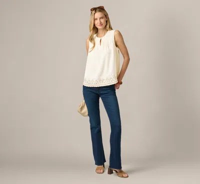 Adrianna Papell Embroidered Pintuck Keyhole Tank Top In Beige Fawn Taos Taupe In Beige Fawn/taos Taupe