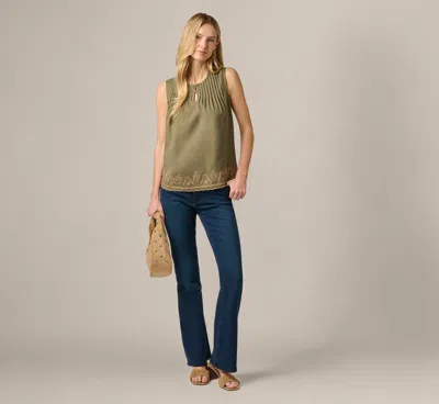 Adrianna Papell Embroidered Pintuck Keyhole Tank Top In Olive Tree Taos Taupe In Blue