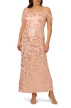 Adrianna Papell Embroidered Sequin Cold Shoulder Gown In Rose Gold