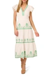 Adrianna Papell Embroidered Smocked Waist Cotton Maxi Dress In Ivory/green Multi