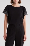 Adrianna Papell Embroidered Trim T-shirt In Black/cream