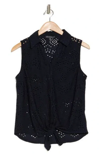 Adrianna Papell Eyelet Sleeveless Button-up Shirt In Black