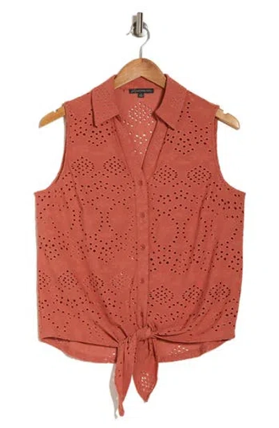 Adrianna Papell Eyelet Sleeveless Button-up Shirt In Clay