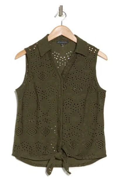 Adrianna Papell Eyelet Sleeveless Button-up Shirt In New Green