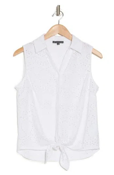 Adrianna Papell Eyelet Sleeveless Button-up Shirt In White
