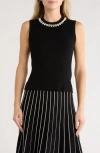 Adrianna Papell Faux Pearl & Rhinestone Collar Sleeveless Sweater In Black
