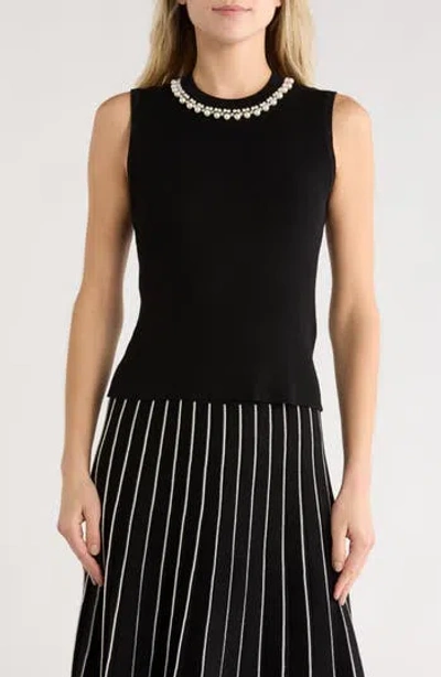 Adrianna Papell Faux Pearl & Rhinestone Collar Sleeveless Sweater In Black