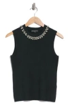 Adrianna Papell Faux Pearl & Rhinestone Collar Sleeveless Sweater In Green