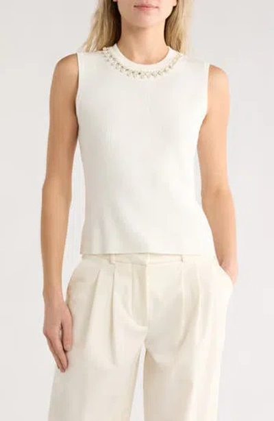 Adrianna Papell Faux Pearl & Rhinestone Collar Sleeveless Sweater In Neutral