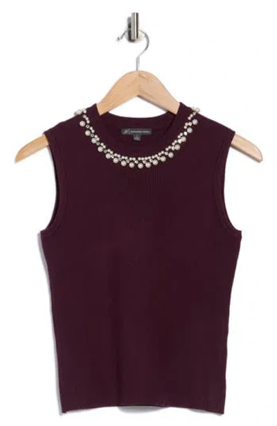 Adrianna Papell Faux Pearl & Rhinestone Collar Sleeveless Sweater In Purple