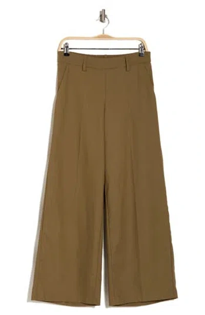 Adrianna Papell Flat Front Wide Leg Pants In Bronze Olive