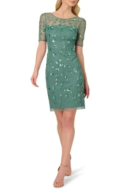 Adrianna Papell Floral Beaded Cocktail Dress In Green Slate