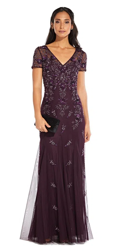 Pre-owned Adrianna Papell Floral Beaded Godet Gown With Sheer Short Sleeves In Night Plum In Purple