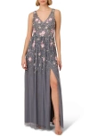 ADRIANNA PAPELL FLORAL BEADED SLEEVELESS MESH GOWN