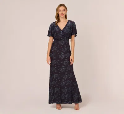 Adrianna Papell Floral Burnout Velvet Long Blouson Gown In Midnight In Blue