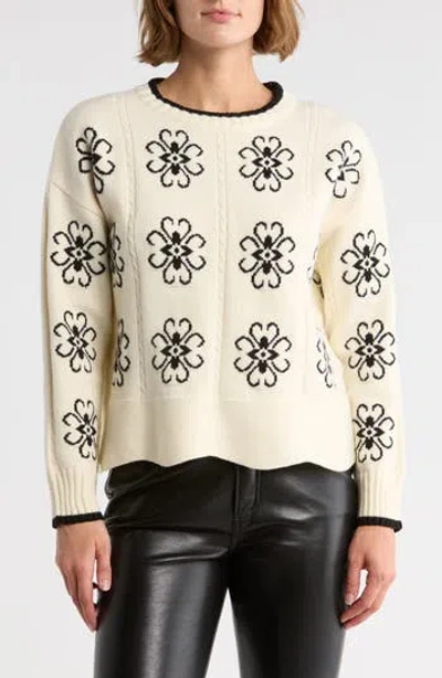 Adrianna Papell Floral Cable Knit Pullover Sweater In Neutral