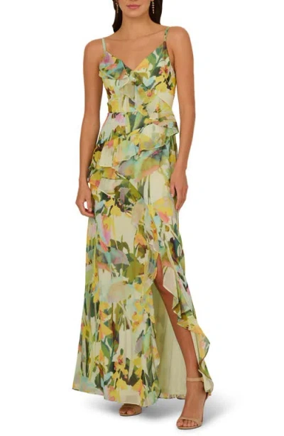 Adrianna Papell Floral Cascade Ruffle Chiffon Gown In Green Multi
