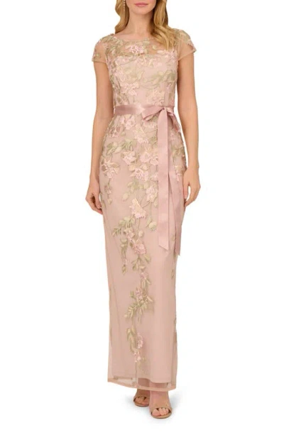 Adrianna Papell Floral Cascading Column Gown In Blush/nude
