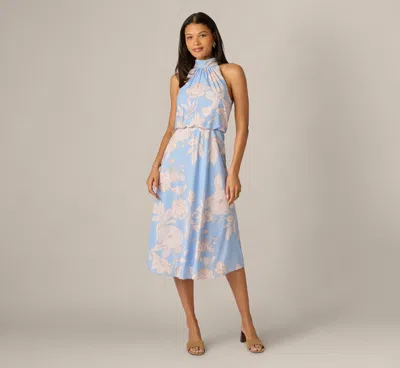 Adrianna Papell Floral Chiffon Blouson Halter Midi Dress In Blue Ivory