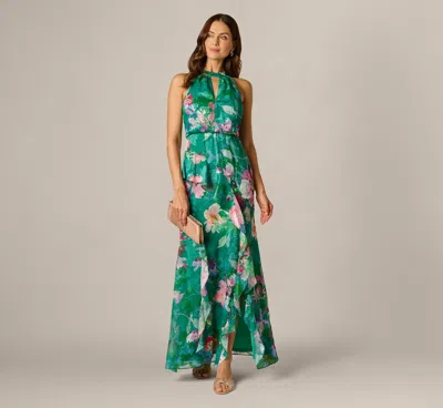 Adrianna Papell Floral Chiffon Blouson Ruffle Halter Gown In Green Multi