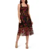 Adrianna Papell Floral Emboidery Midi Dress In Pink/ Black Multi
