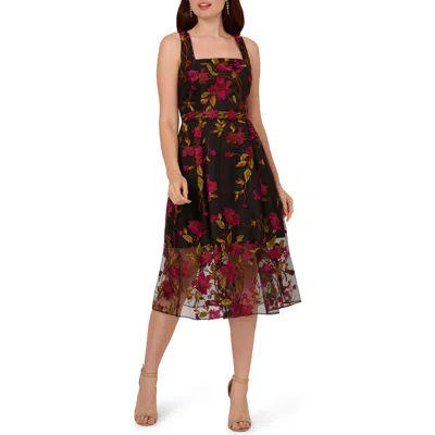 Adrianna Papell Floral Emboidery Midi Dress In Pink,black