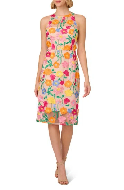 Adrianna Papell Floral Embroidered A-line Midi Dress In Pink/ Yellow Multi