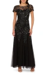 ADRIANNA PAPELL FLORAL EMBROIDERED BEADED TRUMPET GOWN