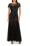 Adrianna Papell Plus Womens Sequined Formal Evening Dress In Black/gunmetal