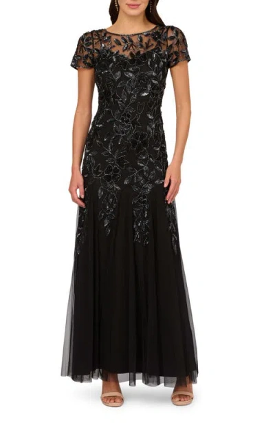 Adrianna Papell Floral Embroidered Beaded Trumpet Gown In Black
