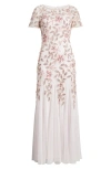 Adrianna Papell Floral Embroidered Beaded Trumpet Gown In Blush Pink