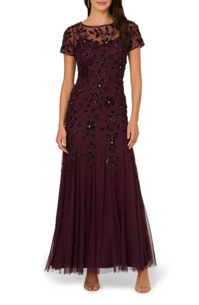 Adrianna Papell Floral Embroidered Beaded Trumpet Gown In Burgundy