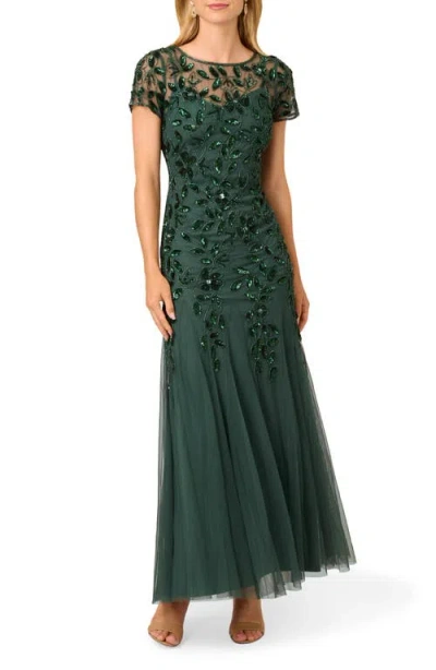 Adrianna Papell Hand Beaded Short Sleeve Floral Godet Gown In Dusty Emerald In Green