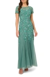 Adrianna Papell Plus Size Sequined-mesh Evening Gown In Green Slate