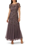 Adrianna Papell Floral Embroidered Beaded Trumpet Gown In Moonscape